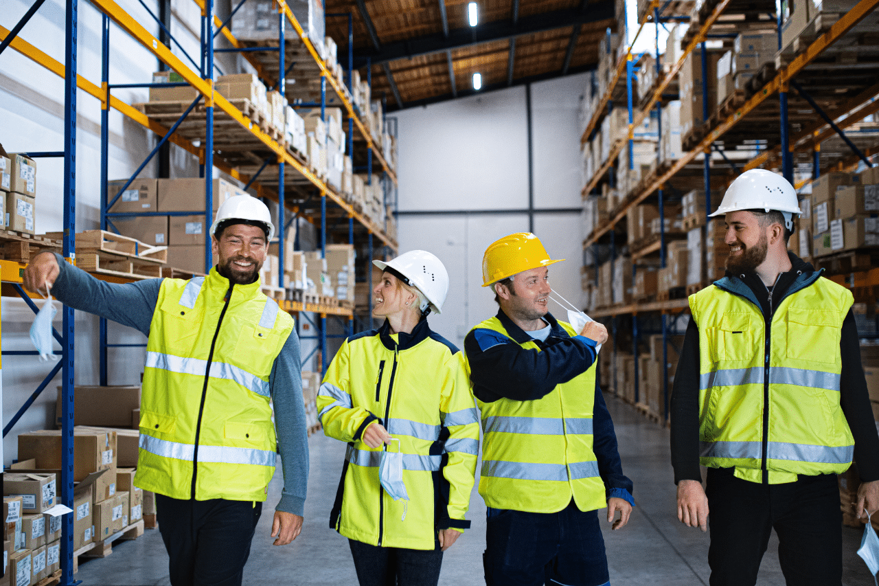 Das Bild zeigt vier Personen im Lagerhaus. Sie sind mit Warnwesten und Schutzhelmen bekleidet, was darauf hindeutet, dass sie in der Industrie oder Logistik tätig sind. Das Lager verfügt über Regale mit verschiedenen Kisten und Artikeln. Zwei der Personen tragen Masken im Gesicht, was darauf hindeuten könnte, dass die Sicherheitsprotokolle eingehalten werden. Die Szene unterstreicht die Bedeutung der Sicherheit am Arbeitsplatz und den Einsatz von Schutzausrüstung in einem industriellen Umfeld.