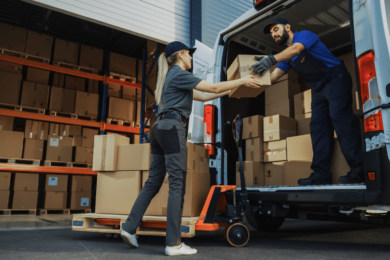 Auf dem Bild sind zwei Arbeiter beim Be- oder Entladen von Paketen aus einem Lieferwagen zu sehen. Ein Mann in blauer Arbeitskleidung und Schutzhandschuhen reicht ein Paket an eine Frau weiter, die graue Arbeitskleidung und eine Mütze trägt und neben einem Hubwagen steht. Im Hintergrund ist ein Lager mit Regalen voller Kartons zu erkennen. Die Szene zeigt typische logistische Aufgaben im Zusammenhang mit Transport und Lagerhaltung.