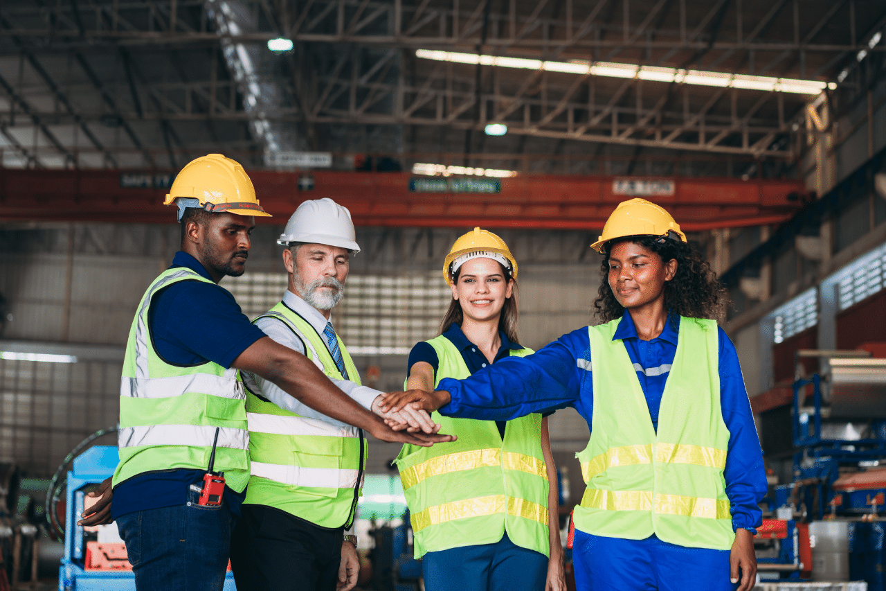 Das Foto zeigt eine Gruppe von vier Industriearbeitern, die in einer Produktions- oder Lagerhalle stehen. Alle von ihnen sind mit Schutzhelmen und Warnwesten bekleidet, was auf die Einhaltung der Sicherheitsvorschriften am Arbeitsplatz hinweist. Sie halten ihre Hände in der Mitte zusammen, was Zusammenarbeit, Zusammenhalt oder Teammotivation symbolisiert. Im Hintergrund sind Elemente der Industrieausrüstung und die Struktur der Halle zu sehen. Die Atmosphäre des Fotos suggeriert Professionalität und Teamgeist bei der Arbeit.