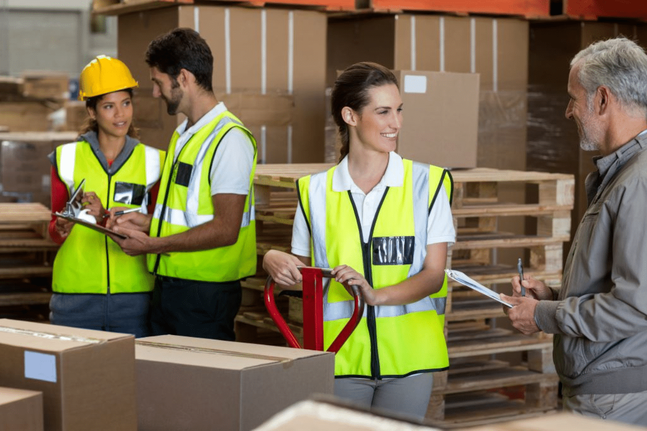 Auf dem Foto sehen wir eine Gruppe von Menschen in einer Lagerhalle oder einer Industrieumgebung. Alle tragen Warnwesten, eine Person trägt einen gelben Schutzhelm. Die Menschen gehen unterschiedlichen Tätigkeiten nach: Eine Person hält ein Klemmbrett in der Hand und schreibt, eine andere hält einen roten Hubwagen und eine andere Person hält ein Klemmbrett und einen Stift in der Hand. Im Hintergrund stapeln sich Holzpaletten und Pappkartons, die darauf hindeuten, dass es sich wahrscheinlich um einen Lager- oder Versandbereich handelt. Das Bild zeigt eine typische Szene in einer Logistik- oder Lagerumgebung und unterstreicht die Bedeutung von Schutzausrüstung und Teamwork an solchen Orten.