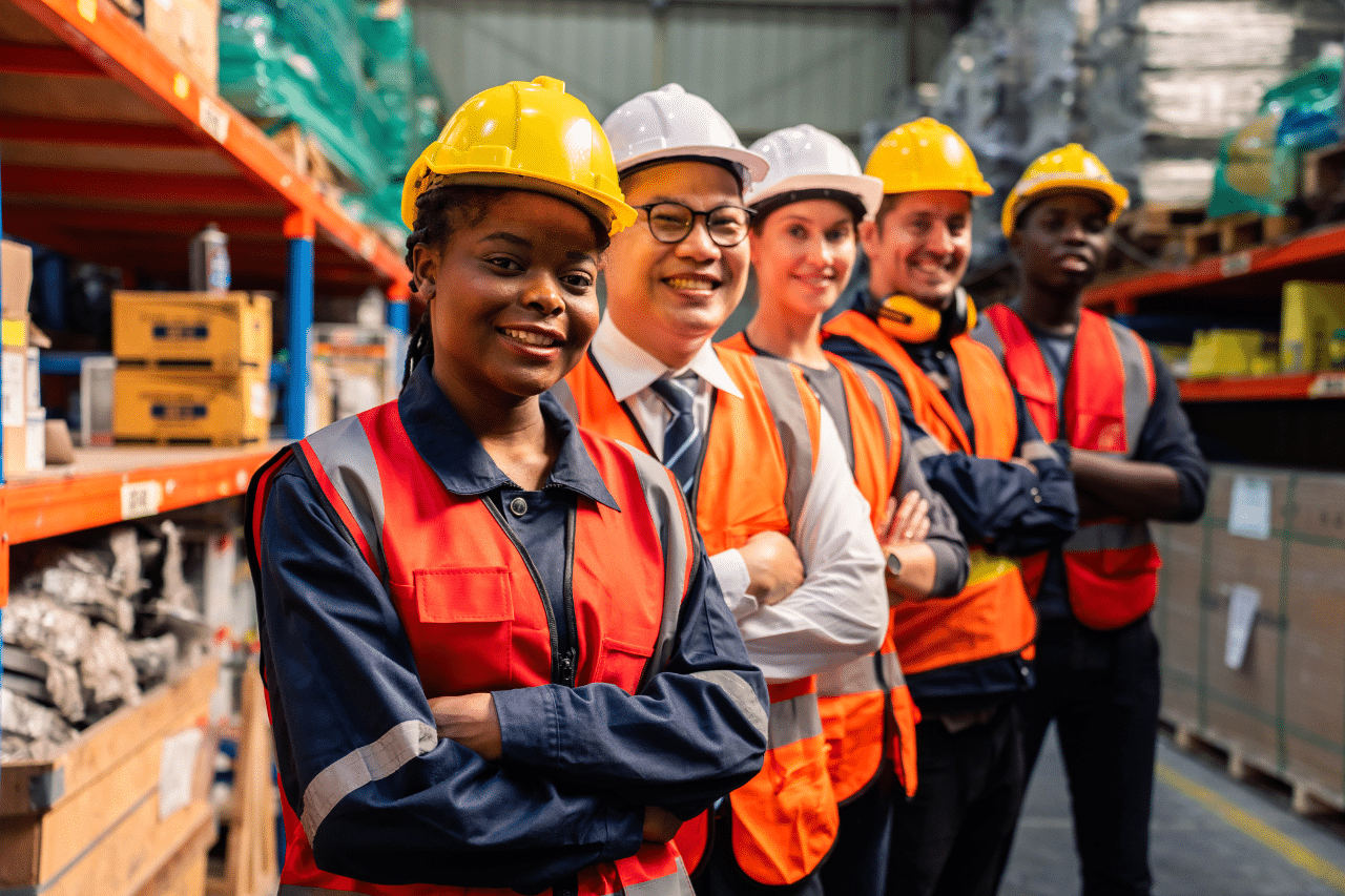 Das Gemälde zeigt eine Gruppe von fünf Personen in einer industriellen Umgebung, wahrscheinlich einem Lagerhaus. Jeder trägt Schutzkleidung, darunter Schutzhelme und Warnwesten. Sie stehen in einer Reihe, die Arme vor der Brust verschränkt. Im Hintergrund sind Regale zu sehen, die mit verschiedenen Materialien und Gegenständen gefüllt sind und einen gut organisierten Lagerraum suggerieren.