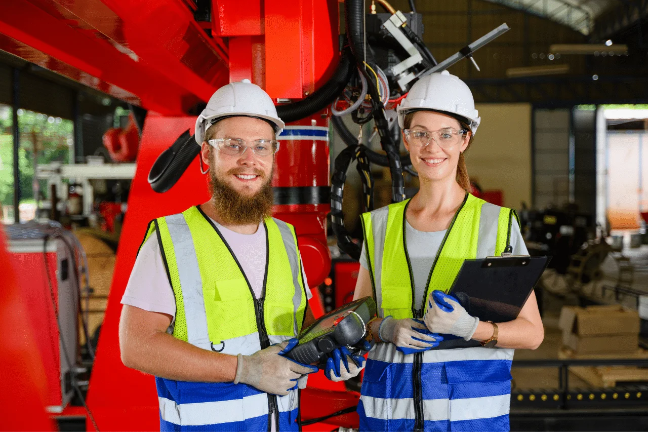Auf dem Foto sind zwei lächelnde Mitarbeiter in einer Fabrikhalle zu sehen. Beide tragen Warnwesten, weiße Schutzhelme und transparente Brillen. Der Mann hat einen Bart und hält einen Controller in der Hand, wahrscheinlich zur Bedienung einer Maschine, die im Hintergrund zu sehen ist. Die Frau hält ein schwarzes Klemmbrett. Beide schauen direkt in die Kamera und wirken zufrieden und professionell.