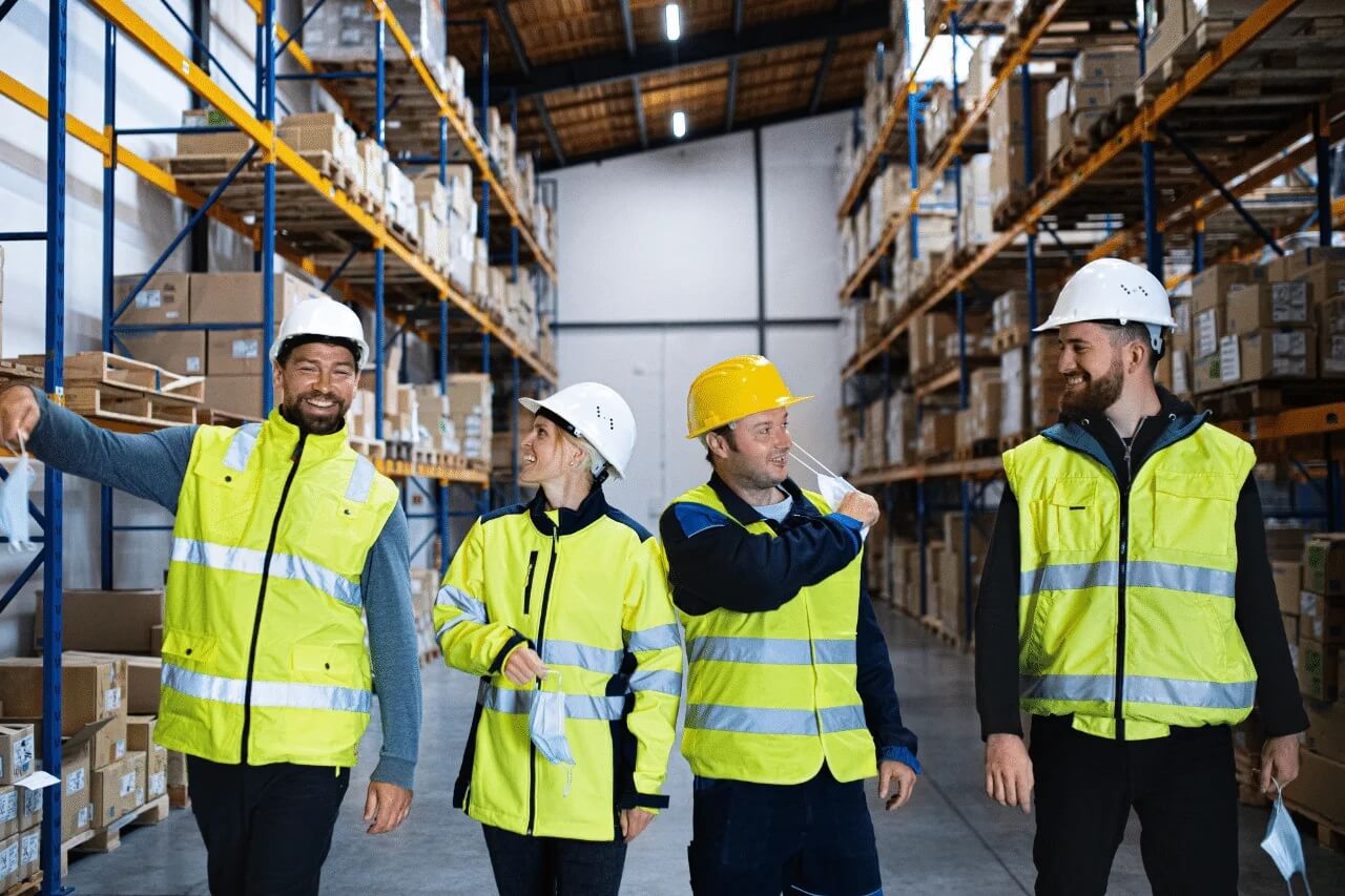 In einem gut beleuchteten Lagerhaus stehen vier Personen in Sicherheitskleidung zusammen. Sie tragen Warnwesten und Schutzhelme, was auf die Einhaltung von Arbeitsschutzrichtlinien hinweist. Die Atmosphäre wirkt freundlich und kollegial – zwei der Personen lächeln und zeigen auf etwas außerhalb des Bildes, was auf eine lockere, aber professionelle Interaktion schließen lässt. Im Hintergrund sind hohe Regale mit Kartons und Paketen zu sehen, die das Lager als gut organisiert und funktional erscheinen lassen. Die Szene vermittelt ein Gefühl von Teamarbeit, Sicherheit und effizienter Logistik in einem modernen Arbeitsumfeld.