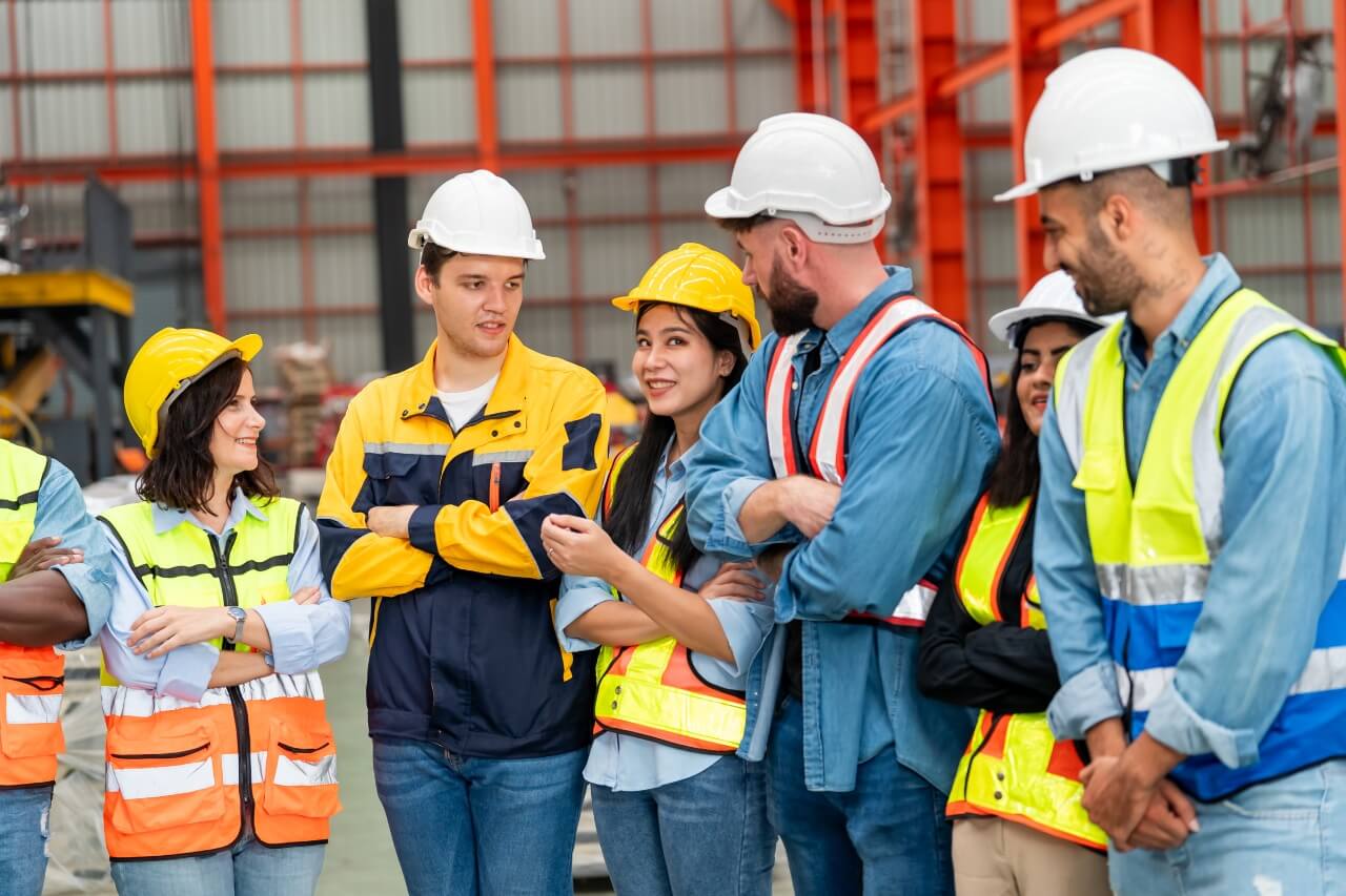 Das Foto zeigt eine Gruppe von Industrie- oder Bauarbeitern in einer Produktionshalle oder einem Lager. Sie tragen Arbeitskleidung – Warnwesten, Schutzhelme und Uniformen – was die Bedeutung der Arbeitssicherheit unterstreicht. Im Hintergrund sind Metallkonstruktionen und Maschinen zu sehen.