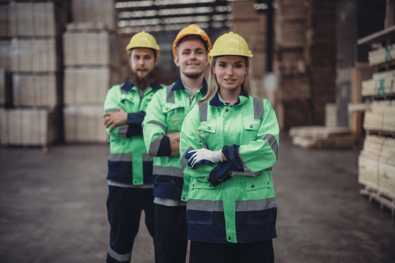 Das Foto zeigt drei Arbeiter in Schutzkleidung – grüne und dunkelblaue Warnwesten sowie gelbe und orangefarbene Schutzhelme. Sie stehen in einer Industriehalle, umgeben von hohen Materialstapeln.